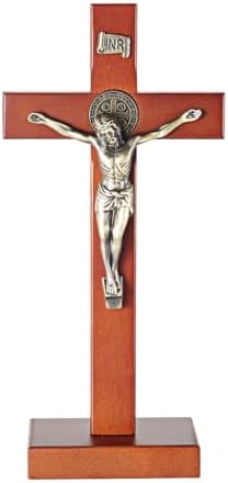 ARCHOBAN Wooden Crucifix Wall Cross with Stand - Brown and Antique Brass