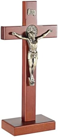 ARCHOBAN Wooden Crucifix Wall Cross with Stand - Brown and Antique Brass