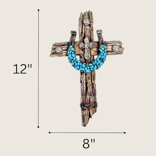 Rustic Drifted Wood Wall Cross with Turquoise Horseshoe