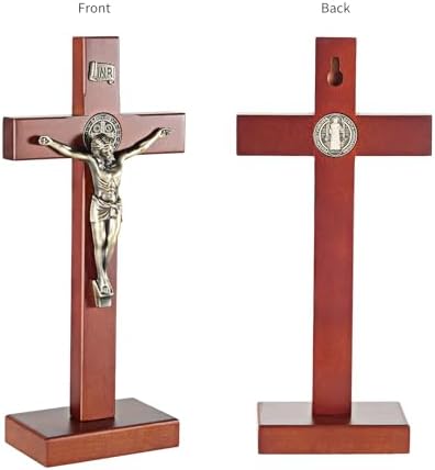 ARCHOBAN Wooden Crucifix Wall Cross with Stand - Brown and Antique Brass