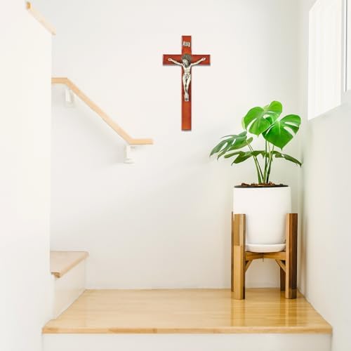 ARCHOBAN Wooden Crucifix Wall Cross with Stand - Brown and Antique Brass