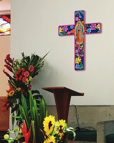 Floral Cross Wall Decor Mexican Style Wooden Art