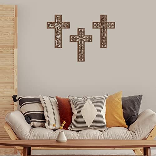 Yookeer 3 Pcs Handmade Brown Wooden Wall Cross Decor
