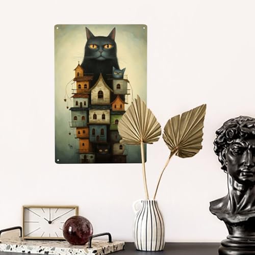 Mystic Feline Fortress Metal Wall Art Decor 12x16inch