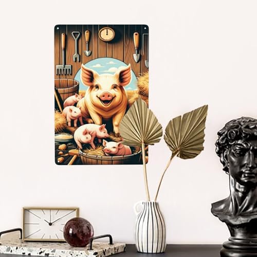 Rustic Barnyard Bliss Metal Wall Art Smiling Pig Piglets Tin Sign