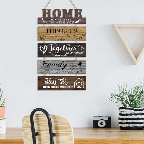 HLNIUC 5 Piece 3D Wood Family Quotes Wall Sign Set