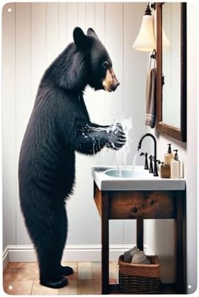 Whimsical Black Bear Handwash Wall Art Metal Tin Sign