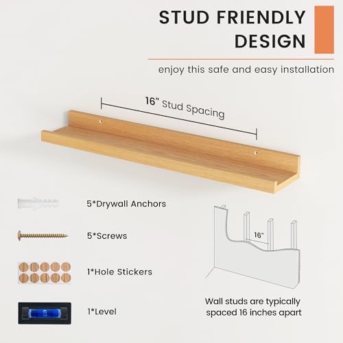 FLYJOE Floating Shelf Set of 2 24 Inches Natural Oak Bookshelf
