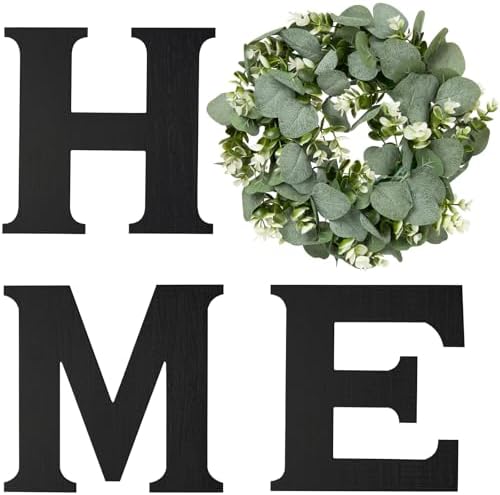 Mkono Farmhouse Wall Sign with Black Wooden Letters and Artificial Eucalyptus Wreath