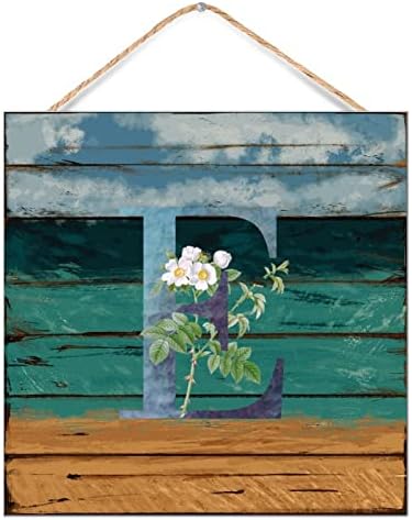 Rustic Wood Wall Sign Initial Letter E Blue Green