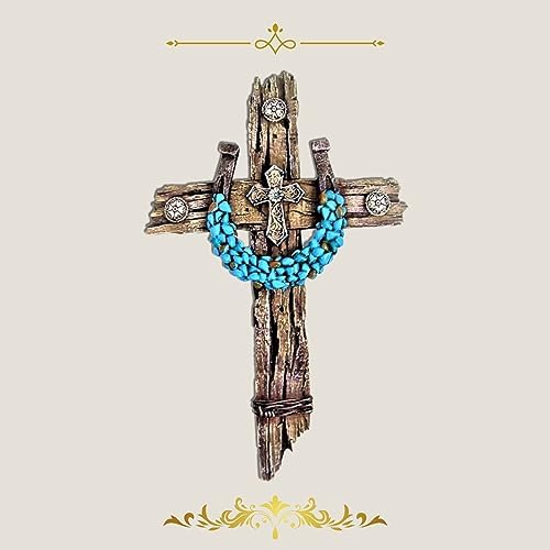 Rustic Drifted Wood Wall Cross with Turquoise Horseshoe