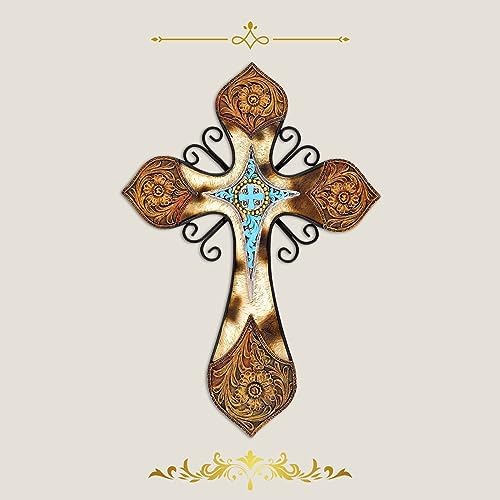 Rustic Western Style Wall Cross with Turquoise and Floral Design