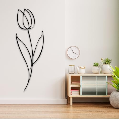 Minimalist Floral Metal Wall Sculpture Modern Tulip Design - 24x8 Inches