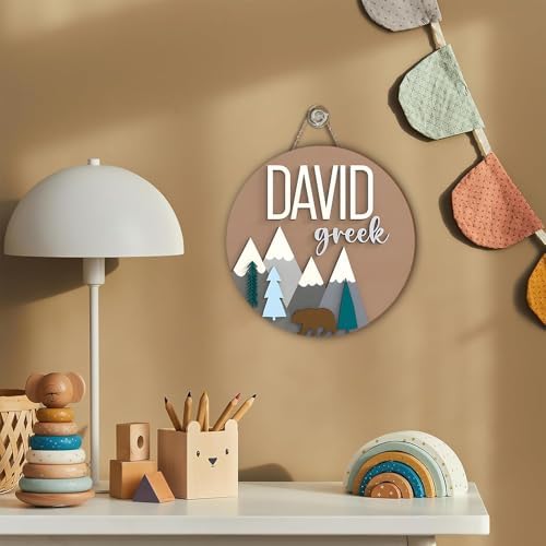 Custom Bear and Mountain Nursery Name Sign for Kids Room