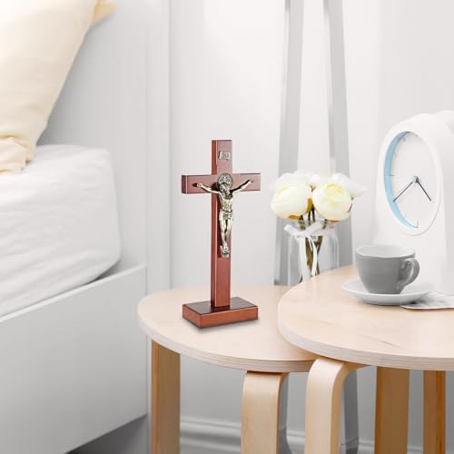 ARCHOBAN Wooden Crucifix Wall Cross with Stand - Brown and Antique Brass