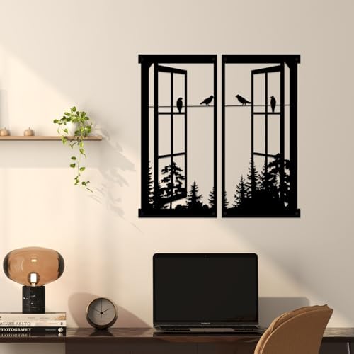 Resama Black Metal Wall Decor with Birds and Windows