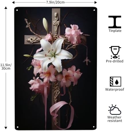Serene Lily Cross Metal Wall Decor Tin Sign 12x8inch