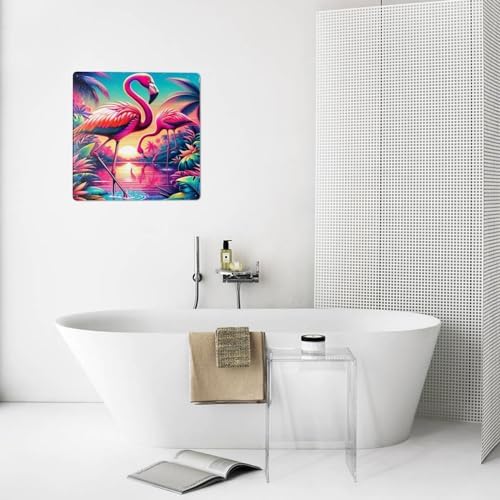 Tropical Sunset Flamingos Metal Wall Sign Decor