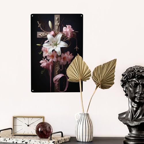 Serene Lily Cross Metal Wall Decor Tin Sign