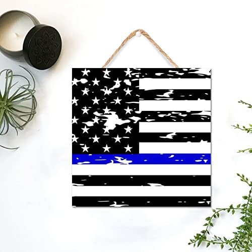 Thin Blue Line Black American Flag Wooden Sign 12x12in
