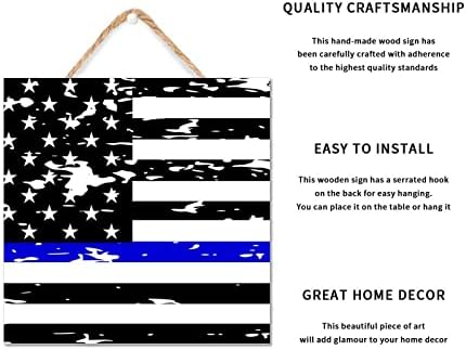 Thin Blue Line Black American Flag Wooden Sign 12x12in