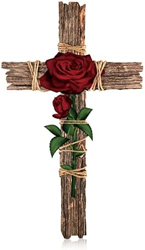 Chunful Wooden Wall Cross with Hemp Rope and Rose
