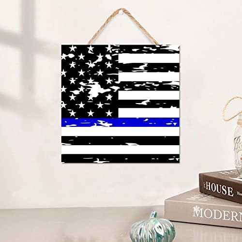 Thin Blue Line Black American Flag Wooden Sign 12x12in