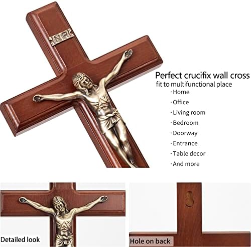 ARCHOBAN 12 Inch Wooden Wall Cross with Jesus Christ - Brown and Antique Brass