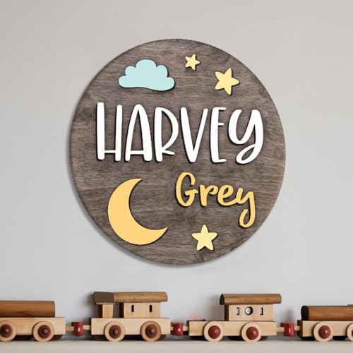 Personalized Wooden Name Sign with Moon - Custom Baby Announcement Decor
