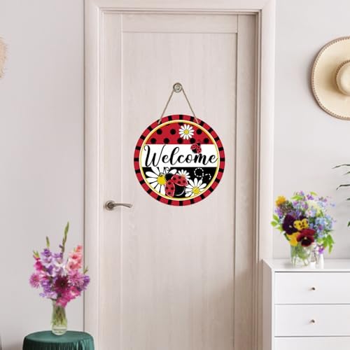 Welcome Spring Ladybug Front Door Sign Rustic Wood Decor