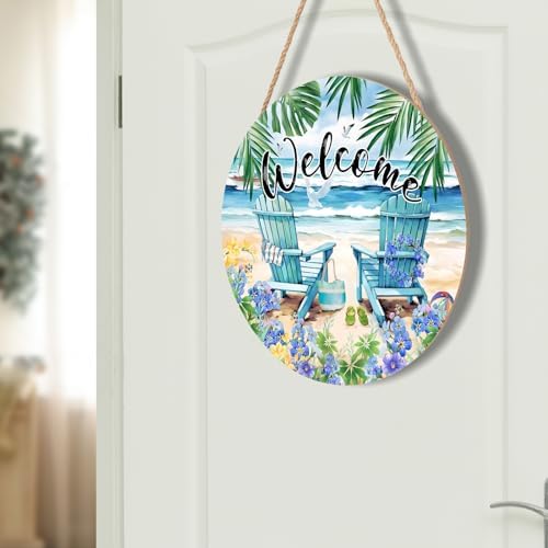Welcome Summer Sea Chair Front Door Sign Wooden Wreath 12x12