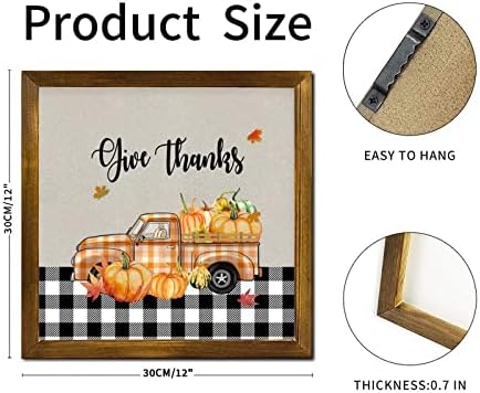 Give Thanks Pumpkin Orange Plaid Truck Wood Wall Sign 12x12 inch