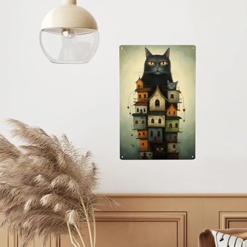 Mystic Feline Fortress Metal Wall Art Decor 12x16inch
