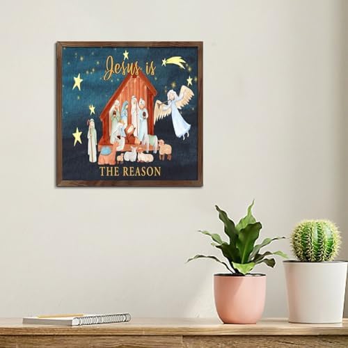 Christmas Nativity Scene Wood Framed Sign 7x7in