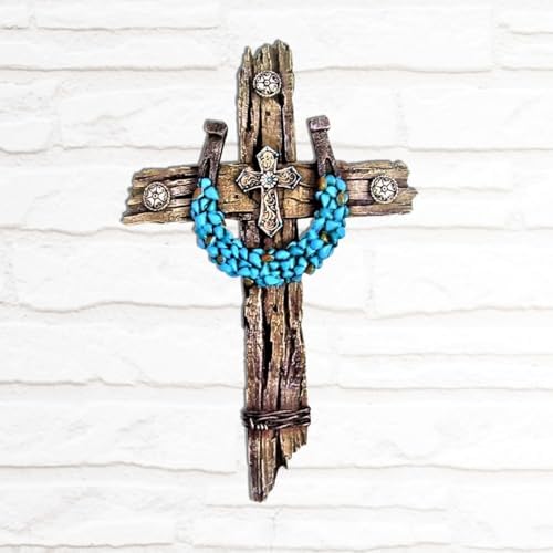 Rustic Drifted Wood Wall Cross with Turquoise Horseshoe