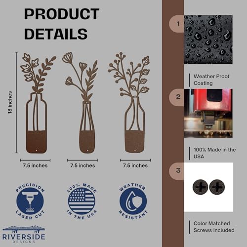 3-Piece Metal Flower Wall Art - Rustic Farmhouse Rust Finish