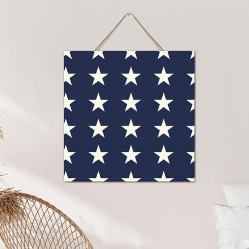 White And Blue Star 4th of July Wood Wall Sign 12x12 Inch