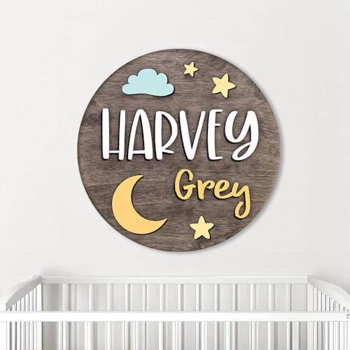 Personalized Wooden Name Sign with Moon - Custom Baby Announcement Decor