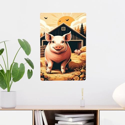 Farmhouse Metal Wall Art with Retro Pig Barnyard Tin Sign