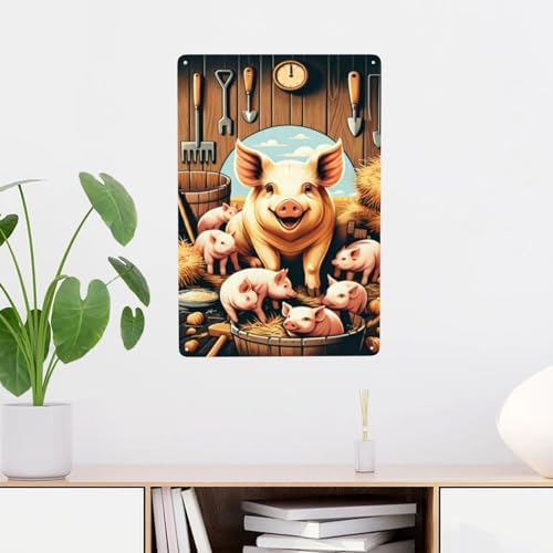 Rustic Barnyard Bliss Metal Wall Art Smiling Pig Piglets Tin Sign