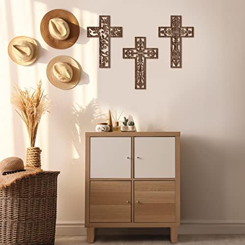 Yookeer 3 Pcs Handmade Brown Wooden Wall Cross Decor