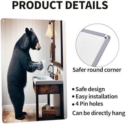 Whimsical Black Bear Handwash Wall Art Metal Tin Sign