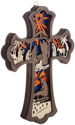 KOMI Wooden Wall Cross with Nativity Scene 9 Inch