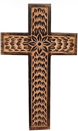 Samhita Mango Wood Wall Cross with Floral Design