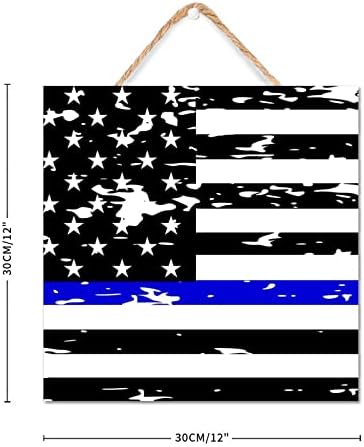 Thin Blue Line Black American Flag Wooden Sign 12x12in