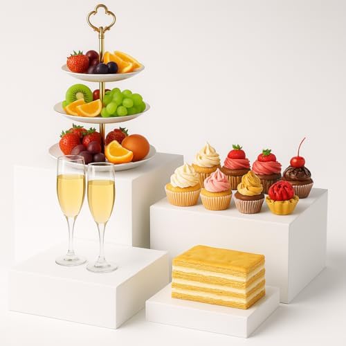 4 Piece White Acrylic Buffet Table Risers with Mini Sign Kit