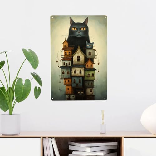 Mystic Feline Fortress Metal Wall Art Decor 12x16inch