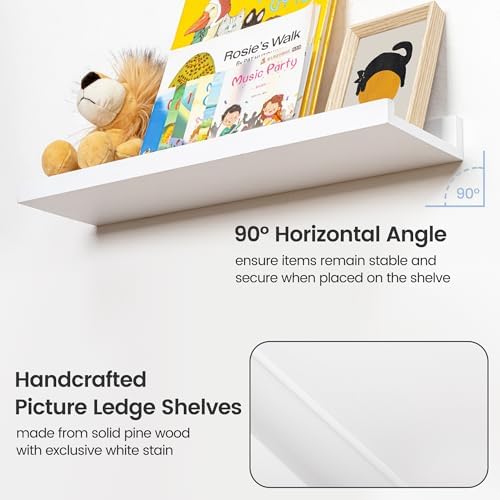 Picture Ledge Shelf Set of 2 White Solid Pine Wood Floating Shelves