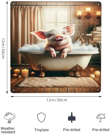 Charming Piglet Bath Time Rustic Metal Wall Art 12x12inch