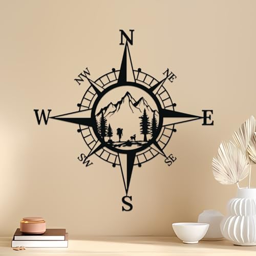 Ruelen 11 Inch Black Metal Mountain Compass Wall Decor